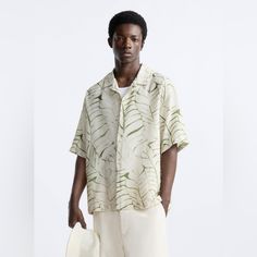 Nwt Zara Man Leaf Print Short Sleeve Relaxed Fit Button Down Shirt Size Xl Relaxed Fit Khaki Shirt For Beach, Relaxed Fit Khaki Beach Shirt, Summer Khaki Shirt, Khaki Button-up Shirt For Summer, Khaki Button-up Beach Top, Relaxed Fit Khaki Top For Vacation, Khaki Relaxed Fit Top For Vacation, Beige Casual Collar Top For Summer, Beige Summer Top With Casual Collar