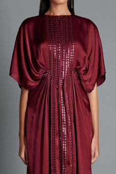 Buy Amit Aggarwal Maroon Crinkled Chiffon Handwoven Kaftan Dress Online | Aza Fashions Evening Kaftan With Draped Cape Sleeves, Silk Kaftan With Cape Sleeves For Evening, Silk Kaftan With Cape Sleeves For Party, Elegant Silk Floor-length Kaftan For Evening, Silk Maxi Kaftan For Evening, Silk Maxi Length Kaftan For Evening, Silk Maxi Kaftan For Parties, Eid Evening Dresses With Draped Sleeves, Evening Kaftan With Draped Traditional Sleeves