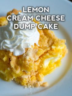 lemon cream cheese dump cake on a white plate