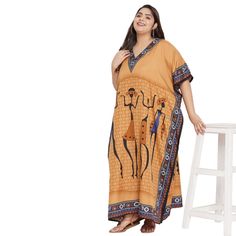 Material: 100% Polyester Pattern: Tribal Printed Size: Fits Perfectly To Us Plus Size 1x To 3x Color: Yellow Length: 52 Inches Sleeve Style: Kimono 3/4 Sleeve Neck Style: V-Neckline Model: Sg152-8528 Care Instruction: Hand Wash/Machine Wash Yellow Free Size Maxi Dress, Yellow Bohemian Short Sleeve Maxi Dress, Yellow Bohemian Maxi Dress With Short Sleeves, Bohemian Yellow Maxi Dress With Short Sleeves, Yellow Casual Free Size Maxi Dress, Casual Yellow Free Size Maxi Dress, Yellow Casual Maxi Dress, Free Size, Yellow Free Size Dress With Short Sleeves, Yellow Printed V-neck Kaftan