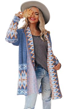 Women Blue Aztec Print Open Front Knitted Cardigan Specifications Item Type outwear for women Size Type regular Sleeve Length full sleeve Neckline open front Occasion spring & autumn Pattern geometric Style casual Material 48%ACRYLIC 28%NYLON 24%RAYON •Aztec print in the cardigan is very stylish and unique •Open front cardigan with long sleeve set off your perfect curve •Knitted design makes the cardigan more delicate and textured •Wearing it to pair with your chic tops and bottoms for a laid-back look Note: 1.There maybe 1-2 cm deviation in different sizes, locations and stretch of fabrics. Size chart is for reference only, there may be a little difference with what you get.2.There are 3 kinds of elasticity: High Elasticity (two-sided stretched), Medium Elasticity (one-sided stretched) an Knitted Design, Loungewear Dresses, Tops And Bottoms, Chic Tops, Perfect Curves, Knitting Women Cardigan, Chic Top, Knitted Cardigan, Aztec Print