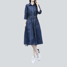 Elevate your style with our classic shape and flare jeans dress from our 2023 Autumn Collection! Classic and stylish. this elegant piece is the perfect addition to any wardrobe.Why You'll Love ItThis proven denim dress is crafted with a medium wash. giving it a unique and eye-catching look. The shape and flare silhouette is textured to hug your curves in all the right places. while the breathable fabric ensures you stay casual while looking chic.Key Highlights: Classic Fit: The classic silhouett Elegant Denim Blue Midi Denim Dress, Elegant Midi-length Denim Dress, Elegant Midi Length Denim Dress, Casual A-line Denim Dress For Fall, Fall Casual A-line Denim Dress, Denim Dresses In Washed Blue For Fall, Elegant Denim Blue Dress With Pockets, Elegant Denim Blue Dresses With Pockets, Belted Denim Knee-length Dress