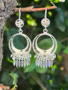 Beautifully crafted Mexican earrings with intricate filigree details. These are typically worn by Ballet Folklorico (Mexican traditional dances) dancers as seen in the pictures.  Approximately 2.1 inches including ear wire and bottom fringe, 0.9 inches wide at its widest point. Ballet Folklorico, Mexican Earrings, Traditional Dance, Bride Style, Ear Wire, Cute Crafts, Chandelier Earrings, Sterling Silver Earrings, Silver Earrings