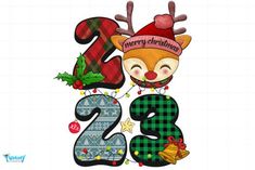 the number is decorated with reindeers and christmas decorations, including an ornament