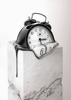 a black and white drawing of an alarm clock on top of a block of marble