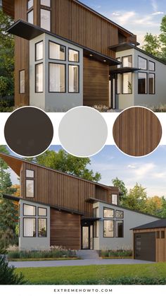 the exterior of a modern house with wood siding and white paint samples in different shades