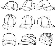 six different baseball caps in black and white stock photo - illustration, clippings