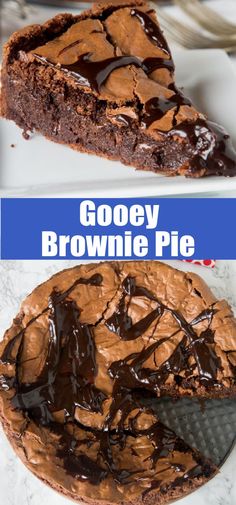 there is a piece of gooey brownie pie on the plate and in front of it