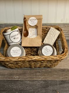 a wicker basket filled with soaps and other items