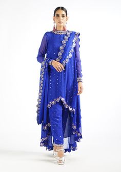 Vvani By Vani Vats-Royal Blue Scallop Pant Kurta Set-INDIASPOPUP.COM Scallop Pants, Vani Vats, Mirror Border, Scallop Border, Elegant Pant, Blue Embroidery, Kurta With Pants, New Fashion Trends, Mirror Work