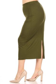 Solid midi skirt in a pencil silhouette with high waist and back slit. Approx: Length: 34.5 in, Waist: 32 in Model is wearing a size XL Runs small: 1X - Small 2X - Medium 3X - Large Missy Dresses, Long Pencil Skirt, Pencil Silhouette, Graphic Tee Dress, Midi Skirt Pencil, A Pencil, Sweaters And Leggings, Plus Dresses, Skirt Leggings