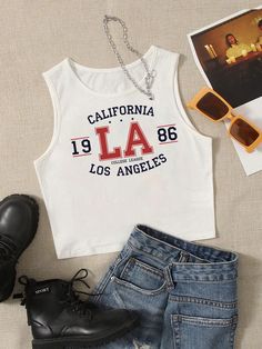 Branco Casual Collar  Tecido de malha Geométrico,Letra Colete Embellished Elasticidade Baixa Fabric Letters, Tanktop Girl, Tank Girl, Dress Cover, Casual Girl, Graphic Tank Top, Women Clothes Sale