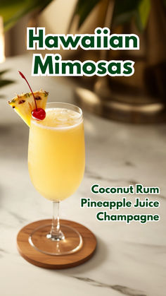 Hawaiian Mimosas Pineapple Coconut Mimosa, Coconut Mimosa, Rum And Pineapple Juice, Coconut Rum Cocktails, Hawaiian Mimosas, Pineapple Mimosa, Classic Mimosa, Coconut Rum Drinks, Cocktail Cards