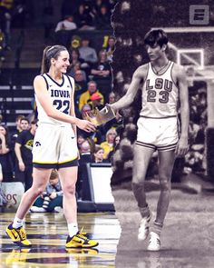 two female basketball players shaking hands on the court