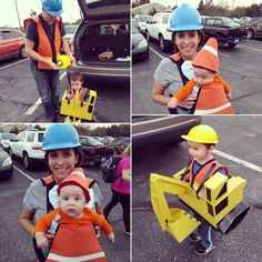 a woman holding a child wearing construction gear