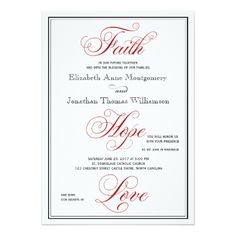 a wedding card with the words faith and hope in red ink on white paper,