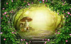 a mushroom house in the middle of a forest with pink flowers and green leaves around it