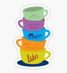 three stacked coffee mugs with the words luke's written on them in different colors