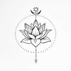 a drawing of a lotus flower with the moon in the background