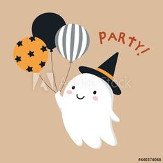 a cute ghost with balloons in the shape of a witch on a brown background for halloween party