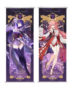 two banners with anime characters on them, one in purple and the other in white