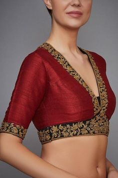 diwali Embroidered Saree Blouse, Maroon Embroidery, Black Embroidered Blouse, Long Blouse Designs