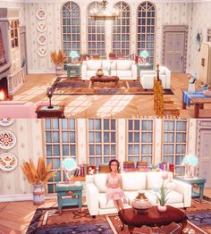 the living room is decorated in pastel colors