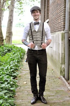 Newsboy cap from Urban Outfitters; shirt, pants and suspenders from H & M; shoes from Aldo, and bow tie from Gilt. Look Gatsby, Suspenders Fashion, Jazz Age Lawn Party, Vintage Groom, Lawn Party, Look Retro