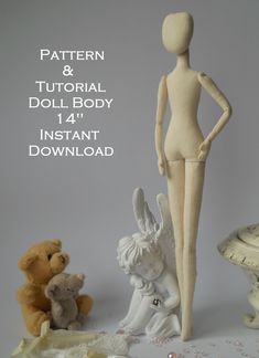 the doll is standing next to other toy animals and dolls on display with text overlay that reads pattern & tutor doll body instant instant