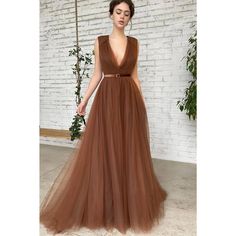 Tulle Long Prom Dress, Pleated Gown, Prom Dresses With Pockets, Evening Dresses Cocktail, Tulle Prom Dress, Brown Dress, Prom Party Dresses, Long Prom Dress, Formal Evening Dresses