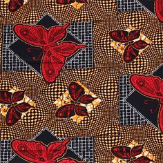 an orange and black butterfly pattern on a checkered fabric with red butterflies in the center