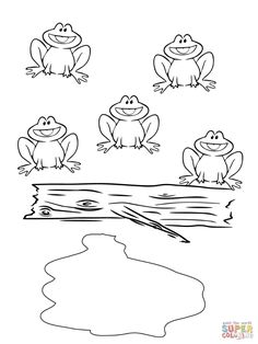 four frogs sitting on a log coloring page