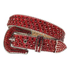 "Rhinestone leather belt. Available in sizes Small and Medium. Belts are thick, sturdy and excellent quality with sparkling stones. Color is red with red stones. S will fit waist size 30\"-32\". Total length of the belt is 42\" including buckle. M will fit waist size 32\"-34\". Total length of the belt is 44\" including buckle." Luxury Red Formal Belt, Belt Store, Cowboy Buckle, Rhinestone Belt Buckle, Bling Belts, Cowgirl Bling, Red Studs, Red Belt, Rhinestone Belt