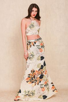 Two Pieces Backless Dress With Flower Pattern - Zorket Tropical Floral Maxi Dress For Garden Party, Tropical Floral Print Maxi Dress For Garden Party, Tropical Floral Print Maxi Dress For Spring, Beige Floral Print Maxi Dress For Party, Tropical Halter Neck Floral Print Dresses, Tropical Floral Print Halter Neck Dress, Tropical Halter Neck Dress With Floral Print, Floral Print Patterned Maxi Dress For Garden Party, Beige Floral Print Halter Neck Dress