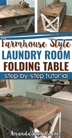 DIY Farmhouse Laundry Room Folding Table Project Clothes Folding Table For Laundry Room, Folding Table In Laundry Room, Laundry Table Diy, Herringbone Laundry Room, Laundry Folding Table Ideas, Laundry Room With Folding Table, Laundry Room Table Ideas