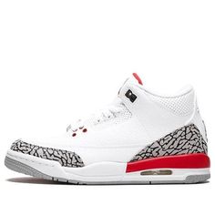 The Air Jordan 3 Retro GS 'Hall of Fame' is a special edition sneaker that commemorates the 30th anniversary of Michael Jordan's first All-Star MVP award and his second Slam Dunk Contest win. Designed as a Player Edition originally, this sneaker was auctioned off to support Hurricane Katrina relief efforts. The white, black, and Cement Grey leather upper is detailed with elephant print details, bold Fire Red accents, and a Jumpman logo on the heel, making this shoe not only stylish but also super comfortable. (AJ3/SNKR/Mid Top/Basketball) White Air Jordan 4 With Rubber Sole, White Sporty Air Jordan 4 With Rubber Sole, Air Jordan 4 High-top With Speckled Midsole For Sports, Air Jordan 4 Low-top With Speckled Midsole For Sports, Air Jordan 4 With Speckled Midsole For Sports, White Mid-top Air Jordan 4 For Sports, White Sports Sneakers With Speckled Midsole, White Sport Sneakers With Speckled Midsole, White Mid-top Air Jordan 4 With Branded Insole