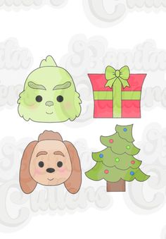 four paper cut outs with different types of christmas trees and presents on them, including a dog's head