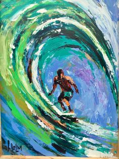 a painting of a surfer riding a wave on his surfboard in blue and green