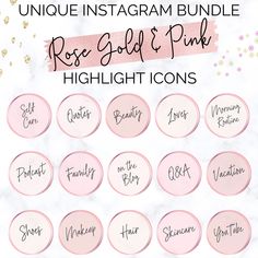 rose gold and pink highlight icons with the text, unique instagram bundle for rose gold & pink highlights