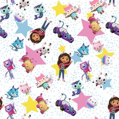 an image of children's wallpaper with cartoon animals and stars on white background