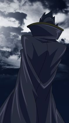 an animated image of a hooded person in the dark with clouds behind them and blue sky