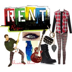 a woman in plaid pants and black boots is dressed up as a rock star with her guitar