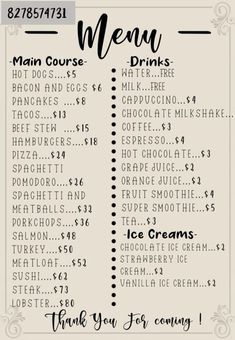 a menu for a restaurant with drinks and prices