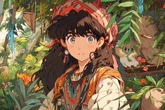 an anime character standing in front of some plants and trees with a bird perched on top of her head