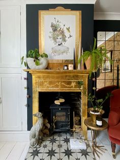 a living room filled with furniture and a fire place covered in plants next to a painting