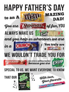 an advertisement for father's day with different candy bars and candies on it