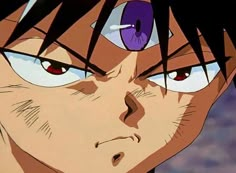 an anime character with red eyes and black hair looking at the camera while staring into the distance