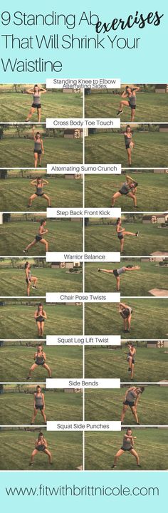 an image of a woman running in the grass with text that reads 9 standing ab exercises that will shrink you waistline