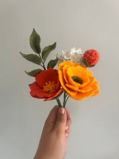 a hand is holding an arrangement of flowers on a white background with leaves and buds