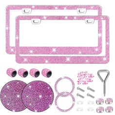 pink sparkle license plate cover, earring and screws with matching accessories for girls